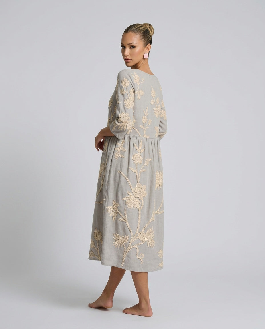 Josie | Floral Linen-Look Round Neck Midi Dress