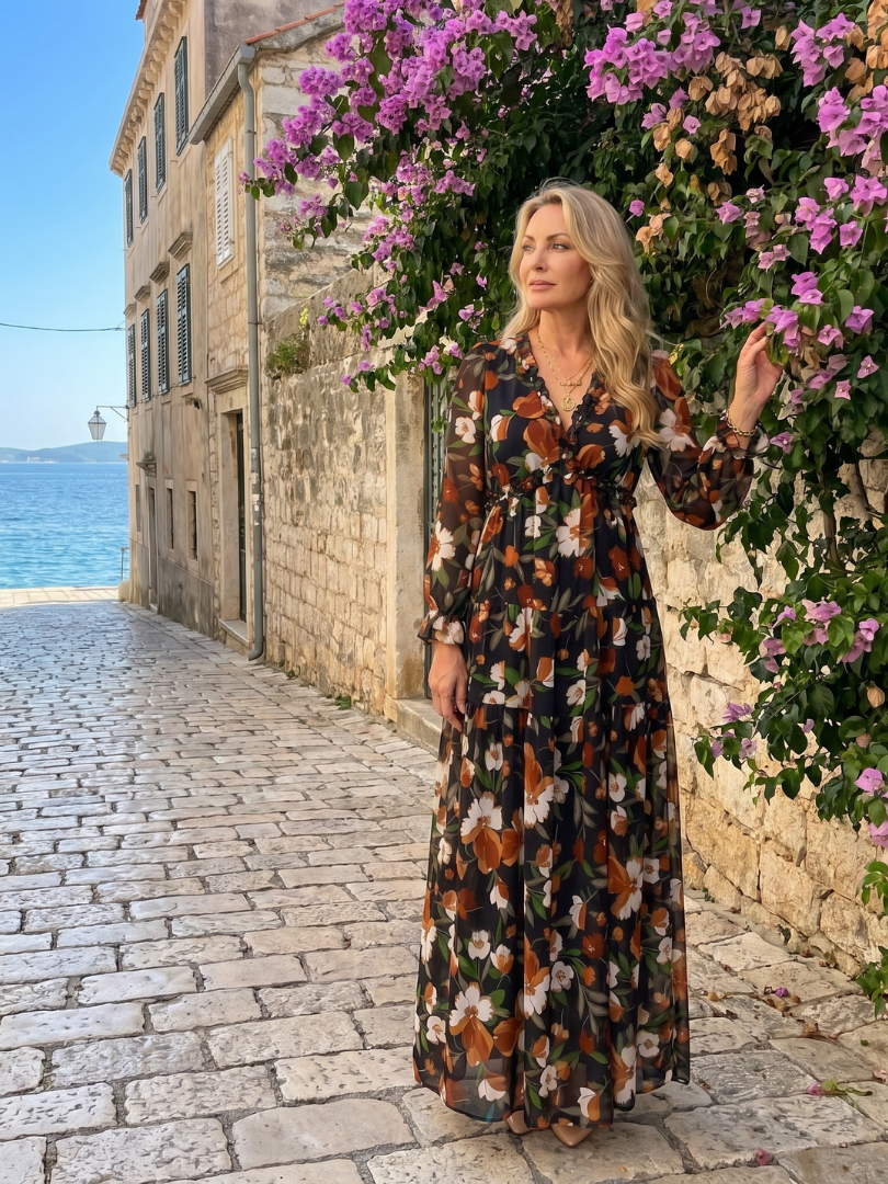 Frankie | Floral Print Long Sleeve Tiered Maxi Dress