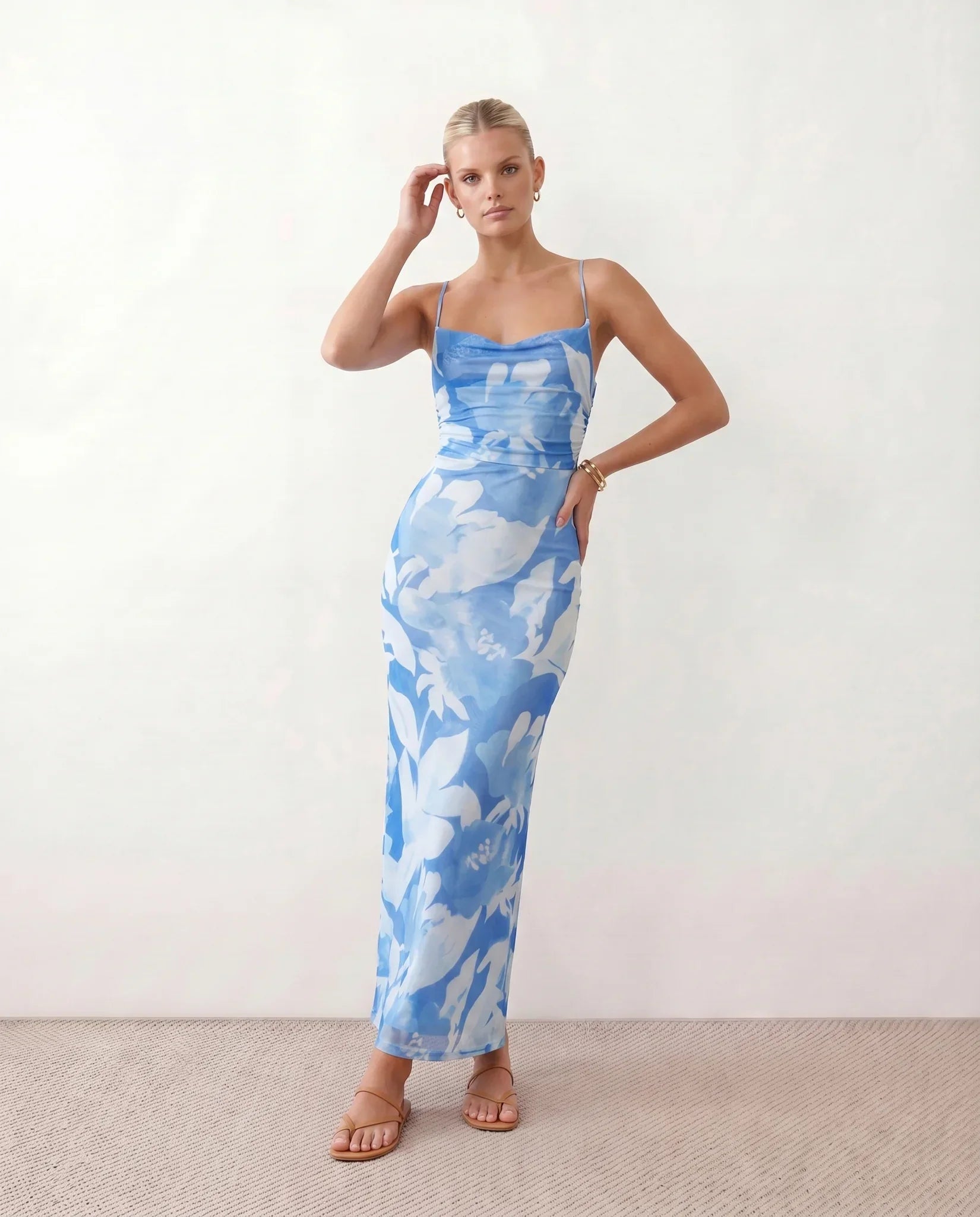 Leona | Spaghetti Strap Lace-Up Abstract Print Maxi Dress