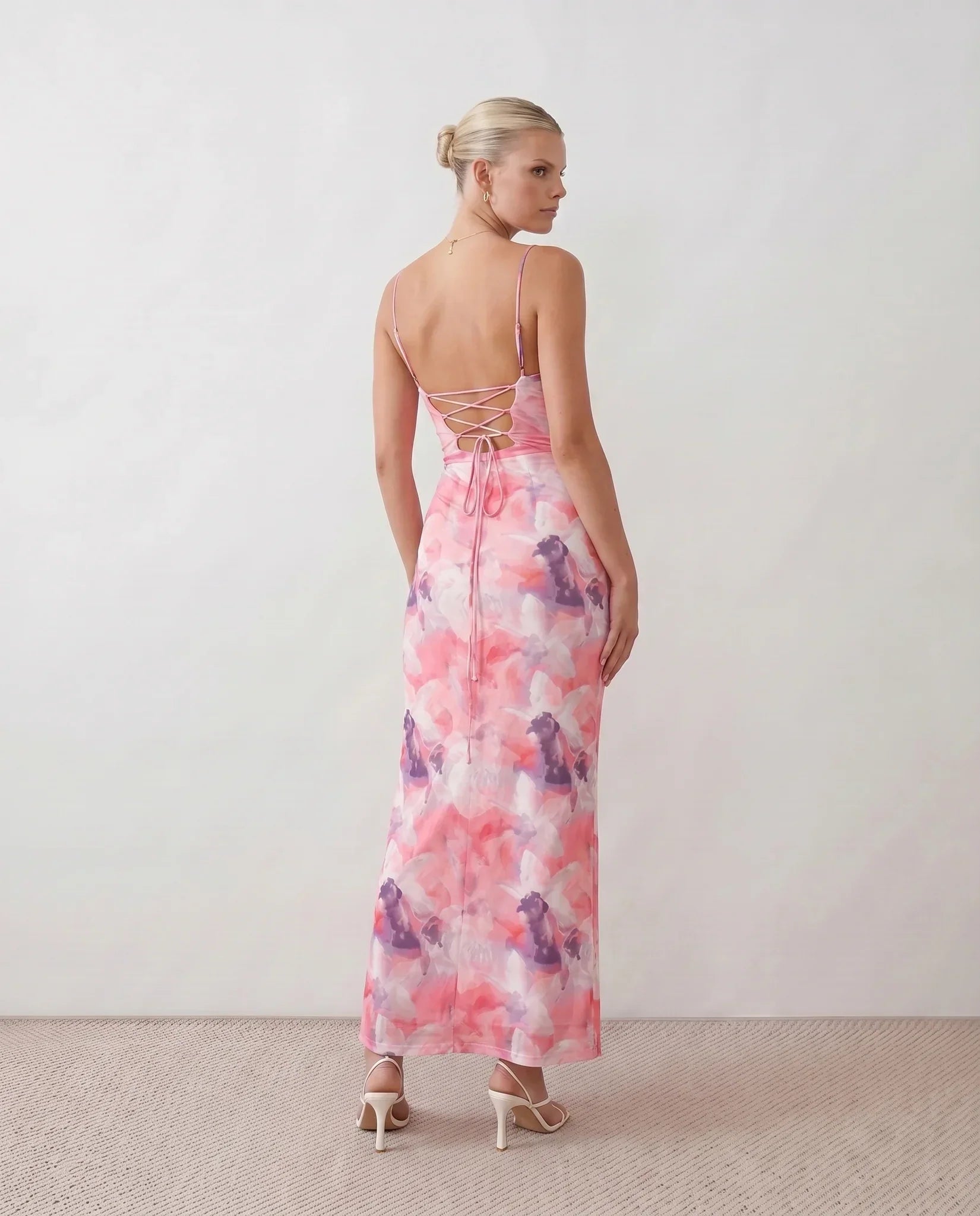 Leona | Spaghetti Strap Lace-Up Abstract Print Maxi Dress