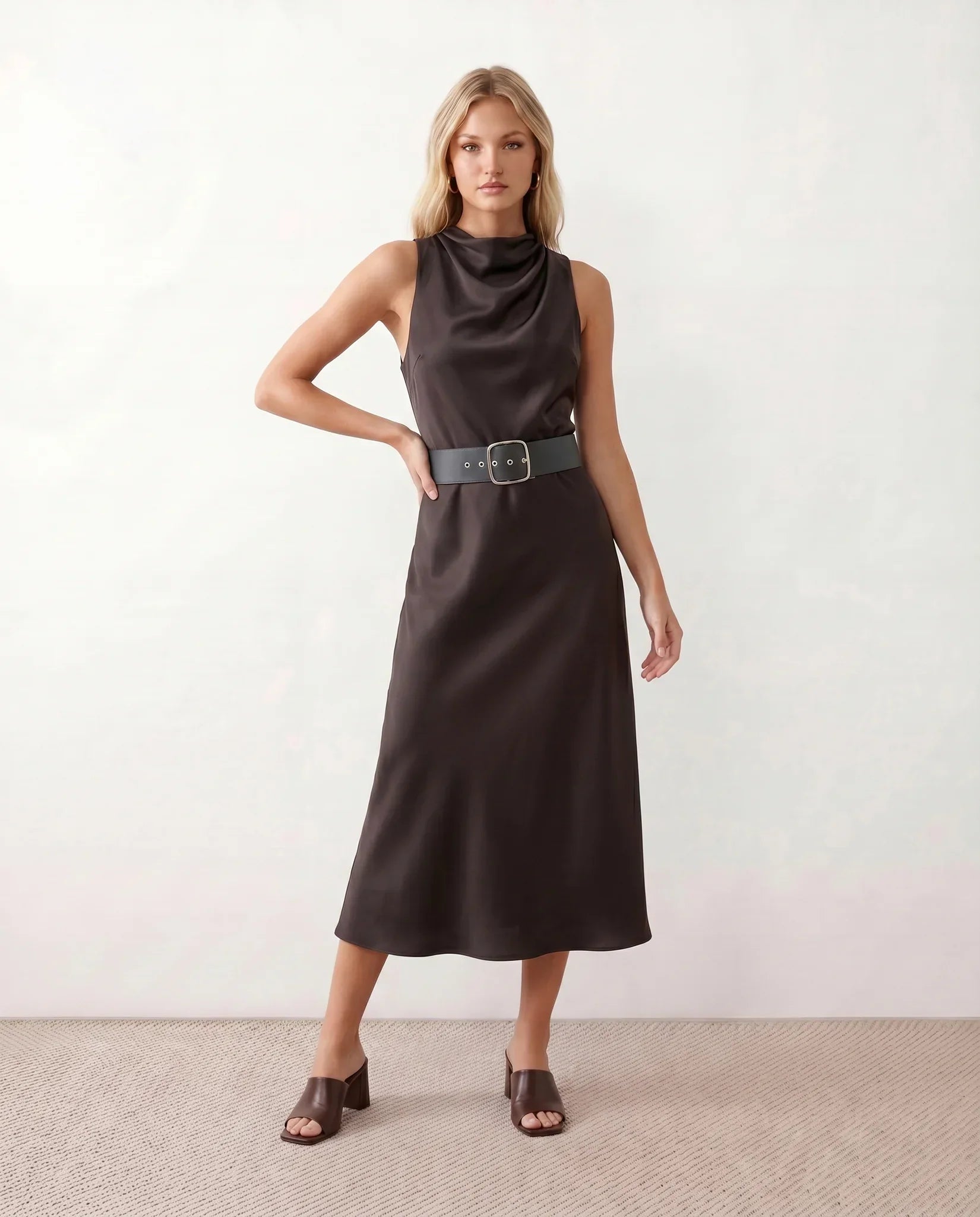 Elara | Glossy Cowl Neck Satin-Look Midi Dress