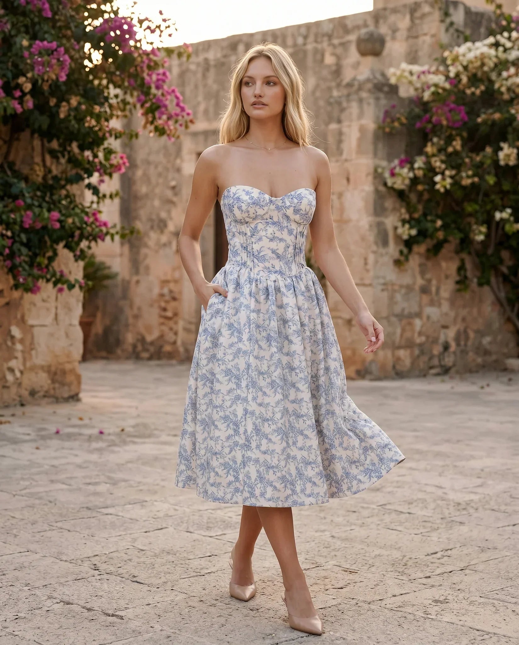 Viveca | Basque Waist Strapless Midi Dress