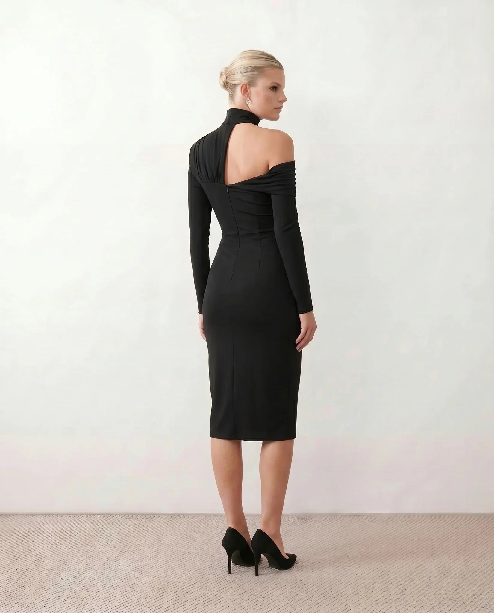 Priya | Asymmetric Neck Open Back Midi Dress