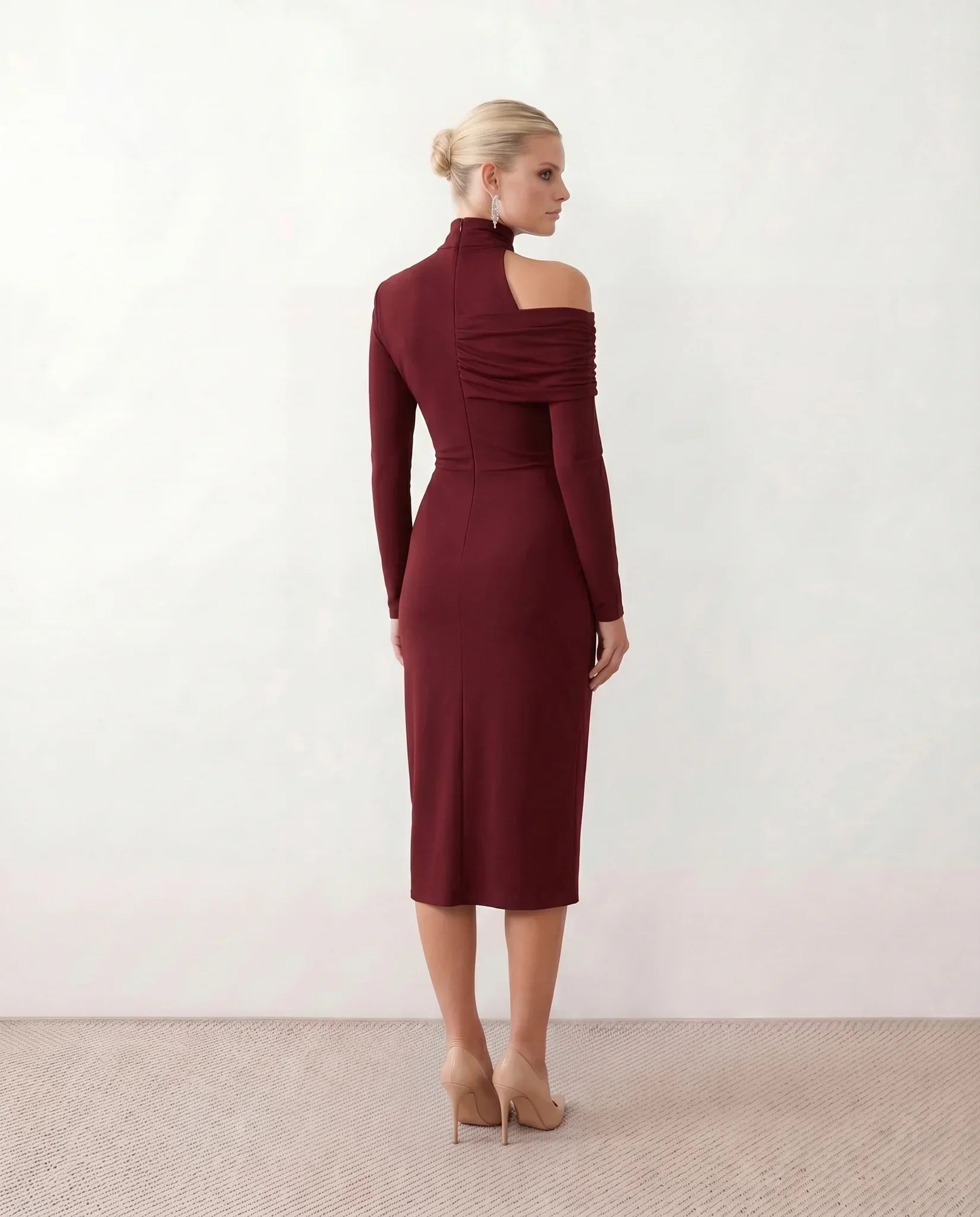 Priya | Asymmetric Neck Open Back Midi Dress