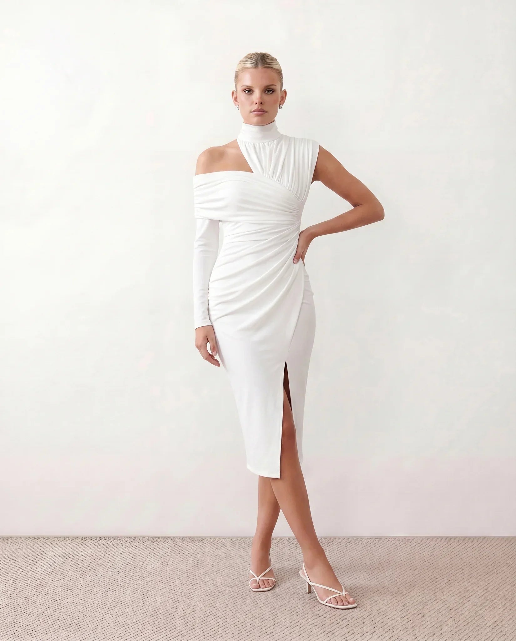 Priya | Asymmetric Neck Open Back Midi Dress