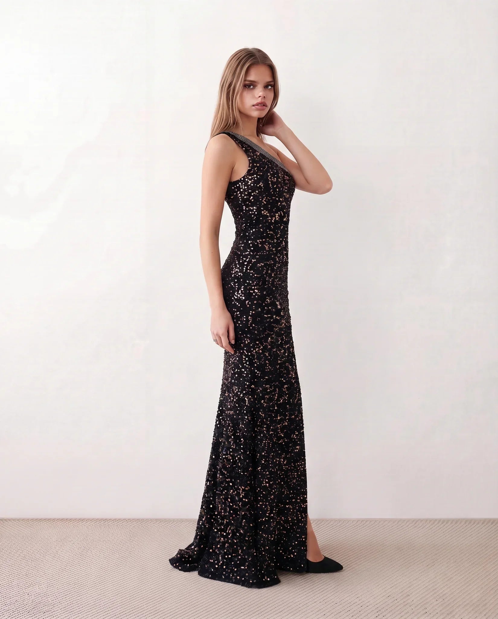 Nadia | Sequined Asymmetric Neck Maxi Dress