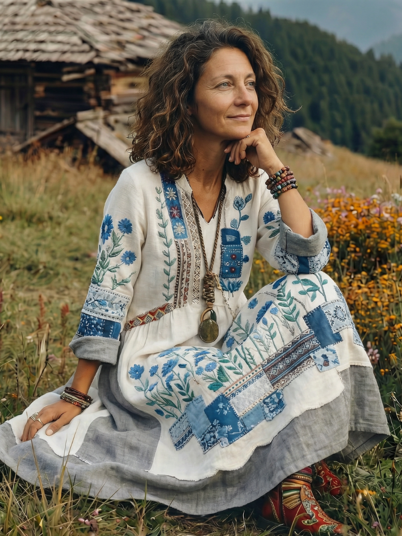 Wren | Embroidered Panel Long Sleeve Midi Dress