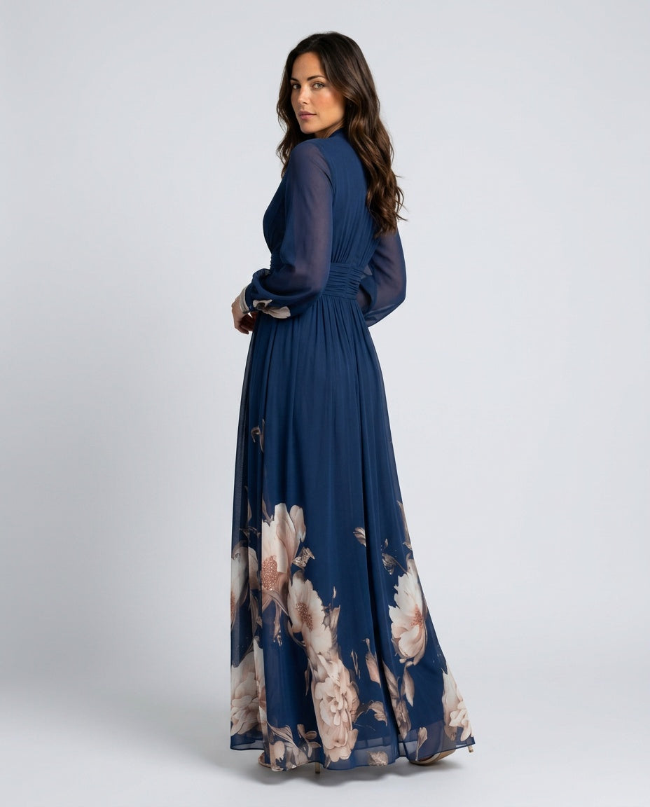 Sabine | Pleated Sheer Sleeve Navy Maxi Dress