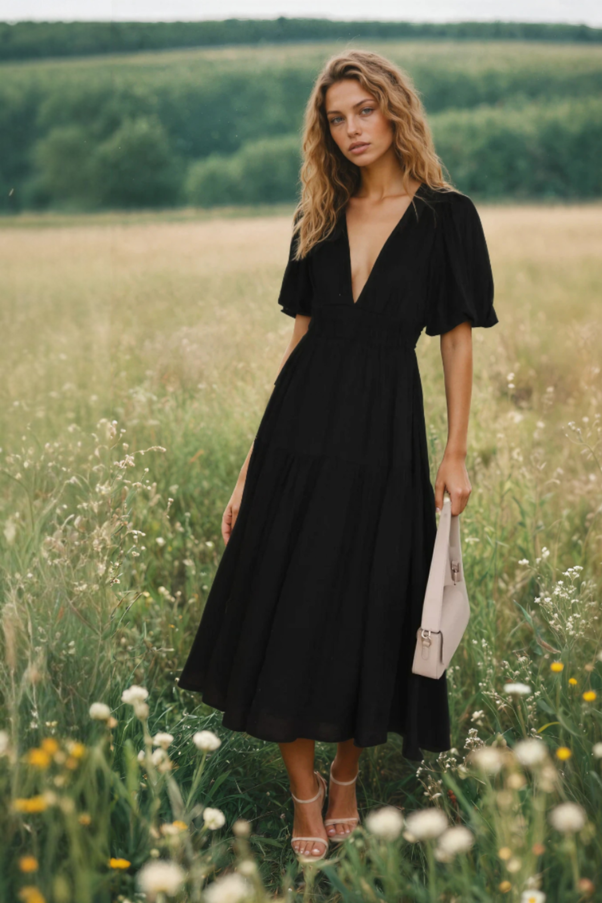 Indie | Midi Dress with V-Neck and Puff Sleeves