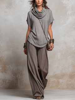 DELIA — Taupe Crinkled Wide-Leg Set