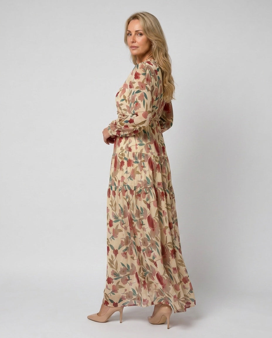 Frankie | Floral Print Long Sleeve Tiered Maxi Dress