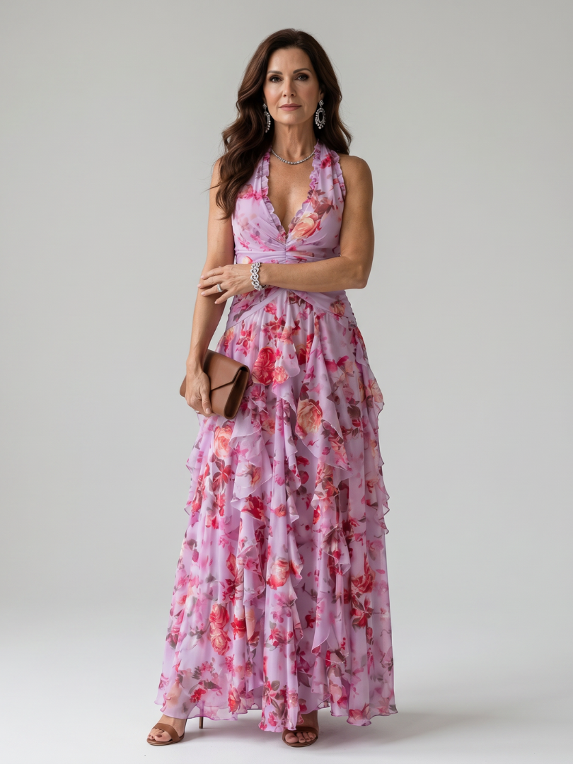 Nori | Halter Neck Ruched Floral Maxi Dress