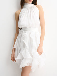 Elegant Shimmer Ruched Tiered Ruffle Mini Dress