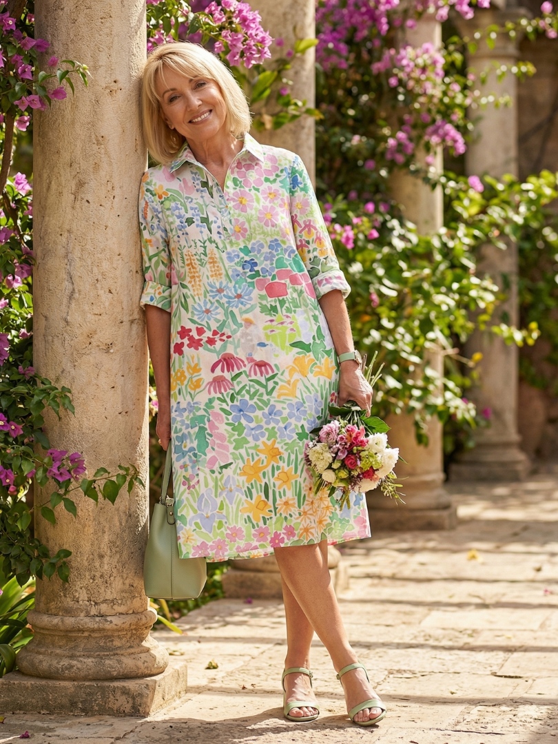 Brelia | 3/4 Sleeve Floral Shirt Midi Dress