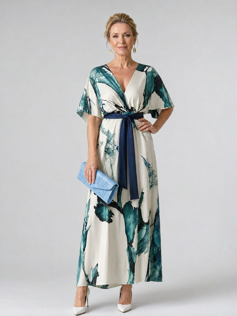 Selene | Abstract Print Belted Flutter Sleeve Maxi Dress