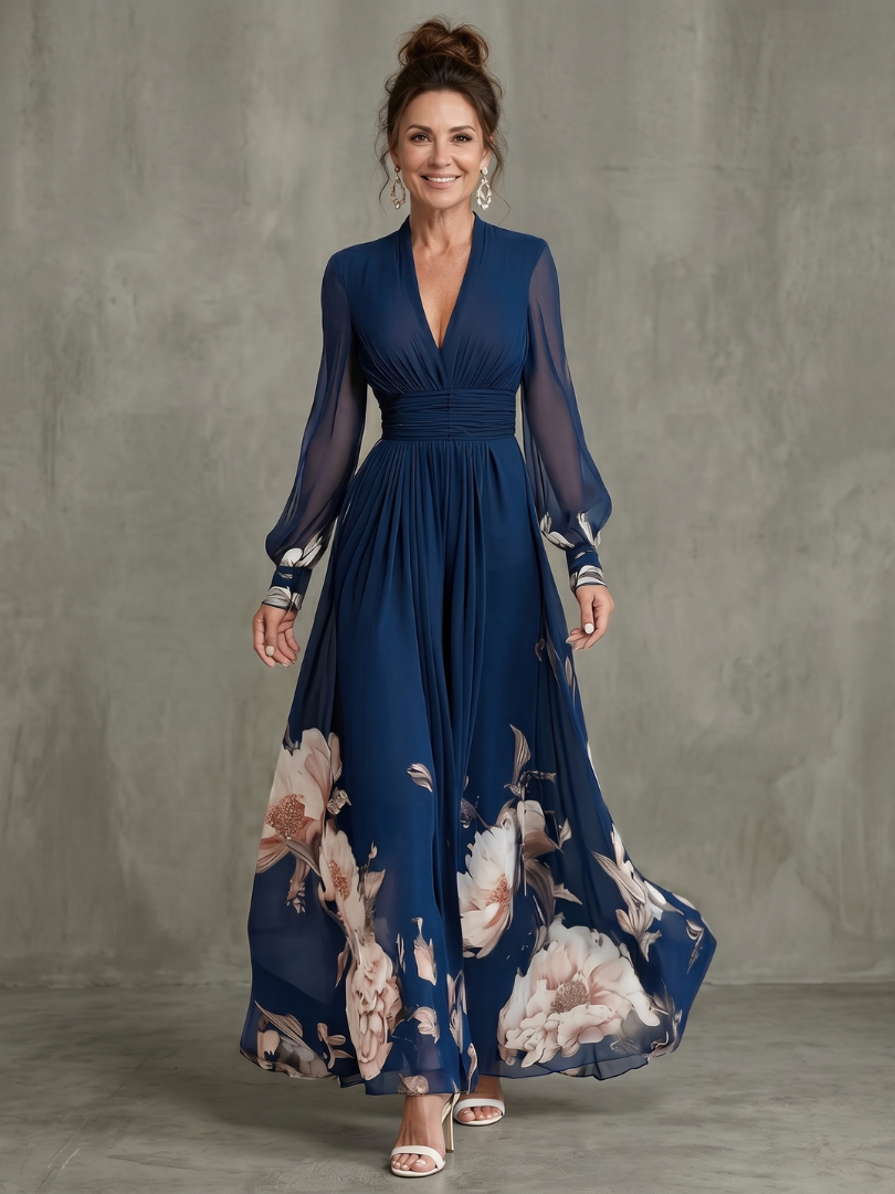 Sabine | Pleated Sheer Sleeve Navy Maxi Dress
