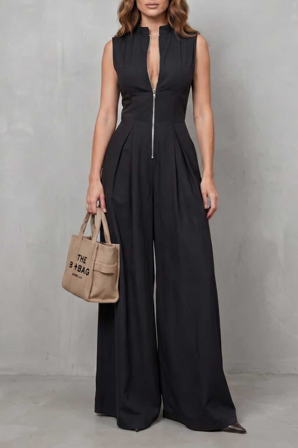 Valerisse | Zip-Front Sculpted Wide Leg Jumpsuit