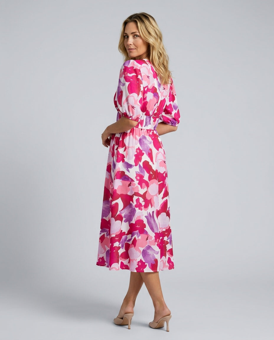 Mira | V-Neck Puff Sleeve Pleated Midi Dress