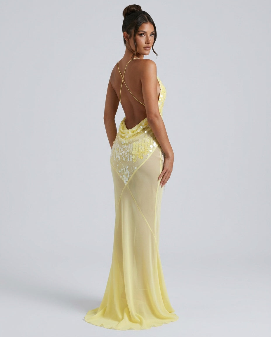 Goldie | V-Neck Sequin Crisscross-Back Maxi Dress