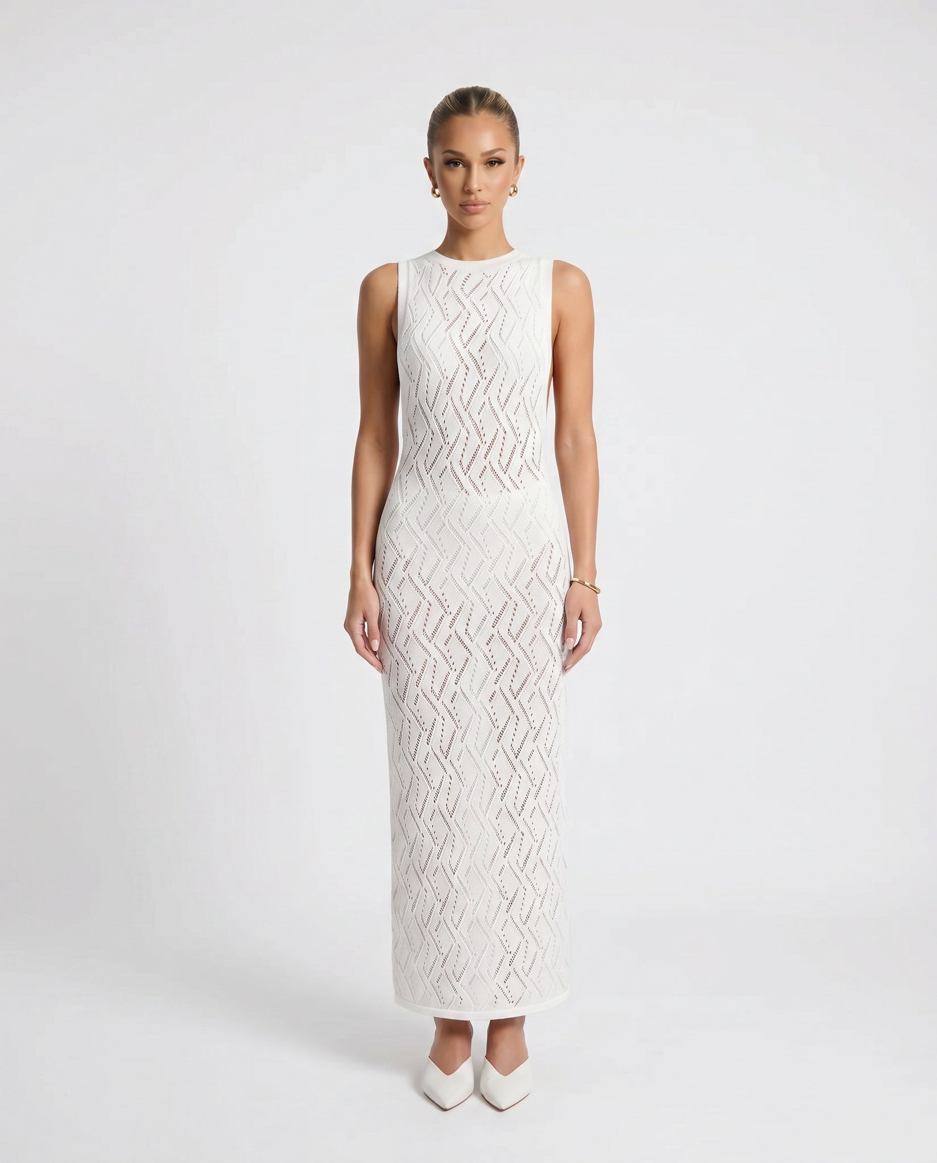 Delilah | Openwork Fitted White Maxi Dress