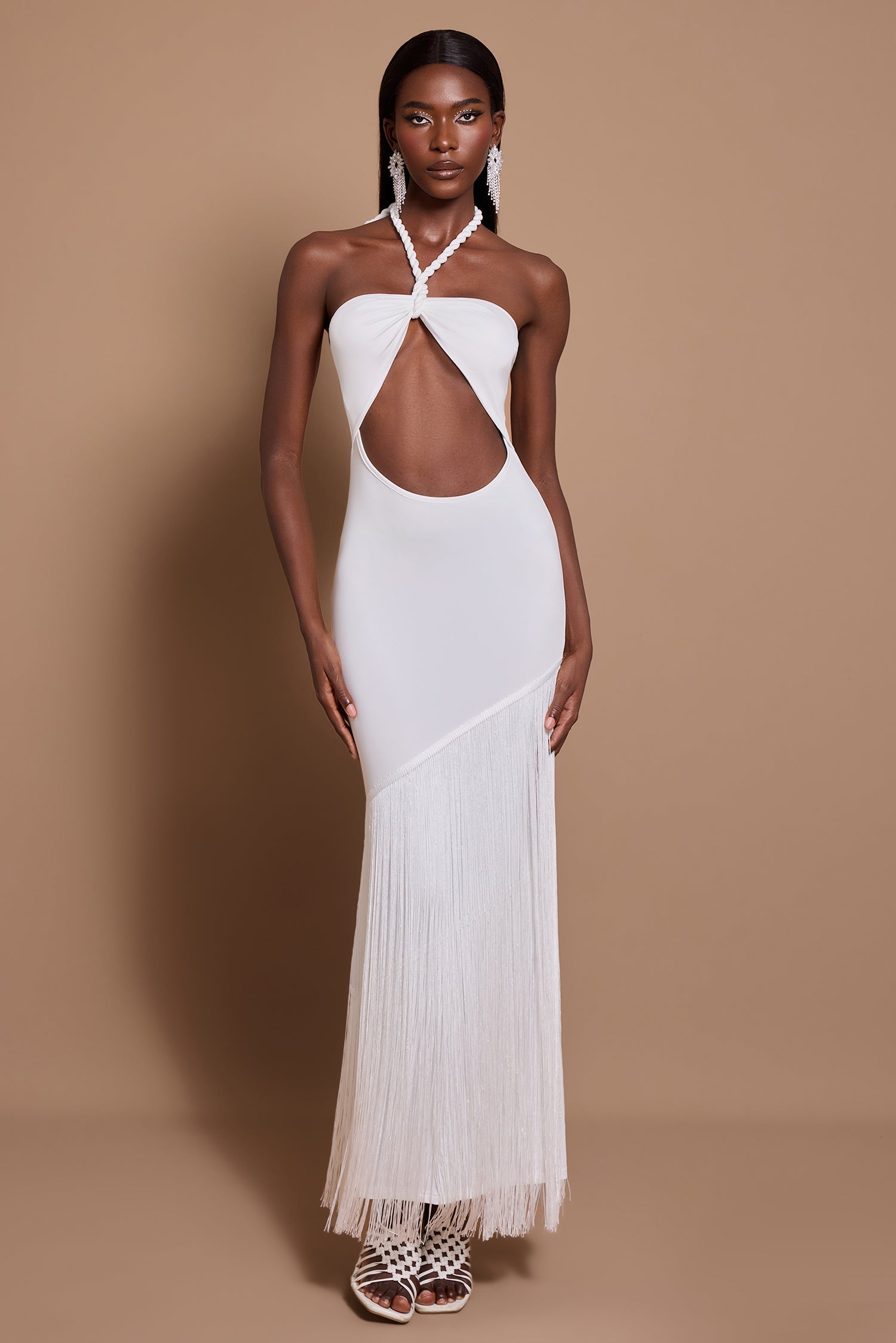 Maeve | Halter Neck Cut-Out Tassel Maxi Dress