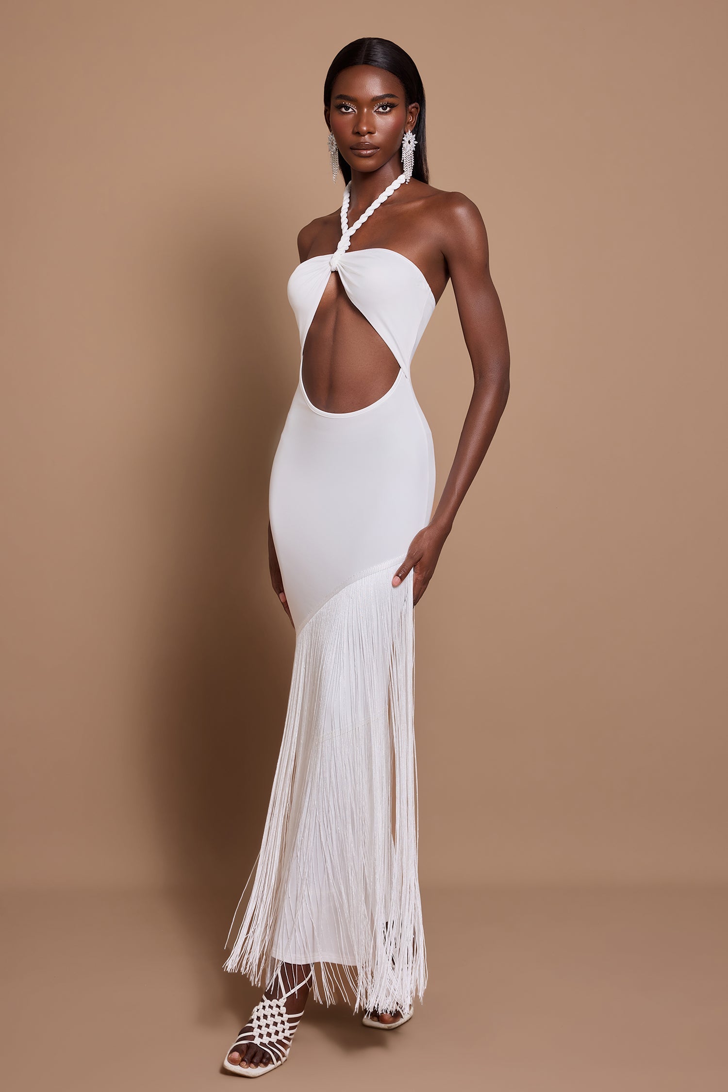 Maeve | Halter Neck Cut-Out Tassel Maxi Dress