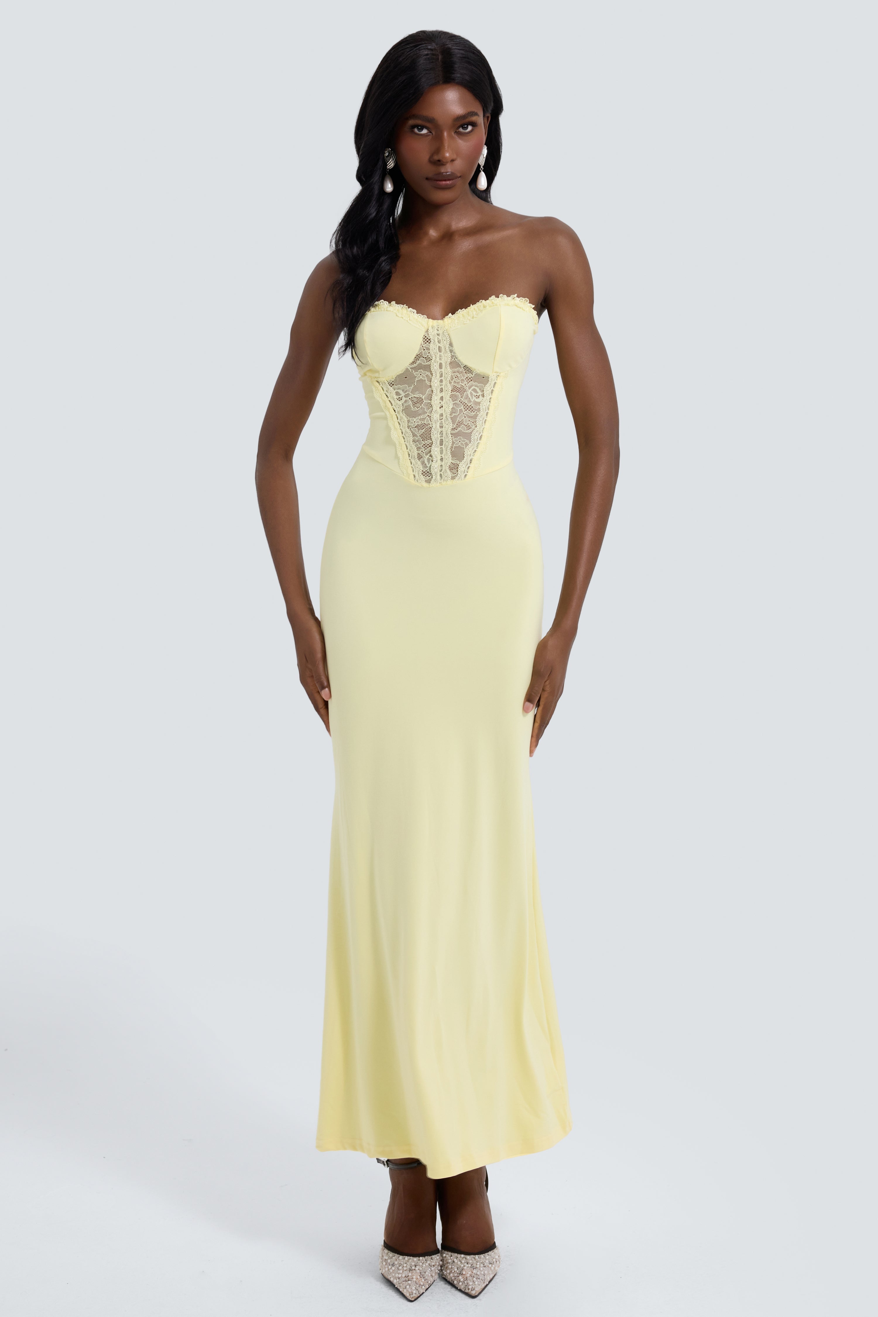 Thea | Off-Shoulder Lace Splice See-Through Maxi Dress