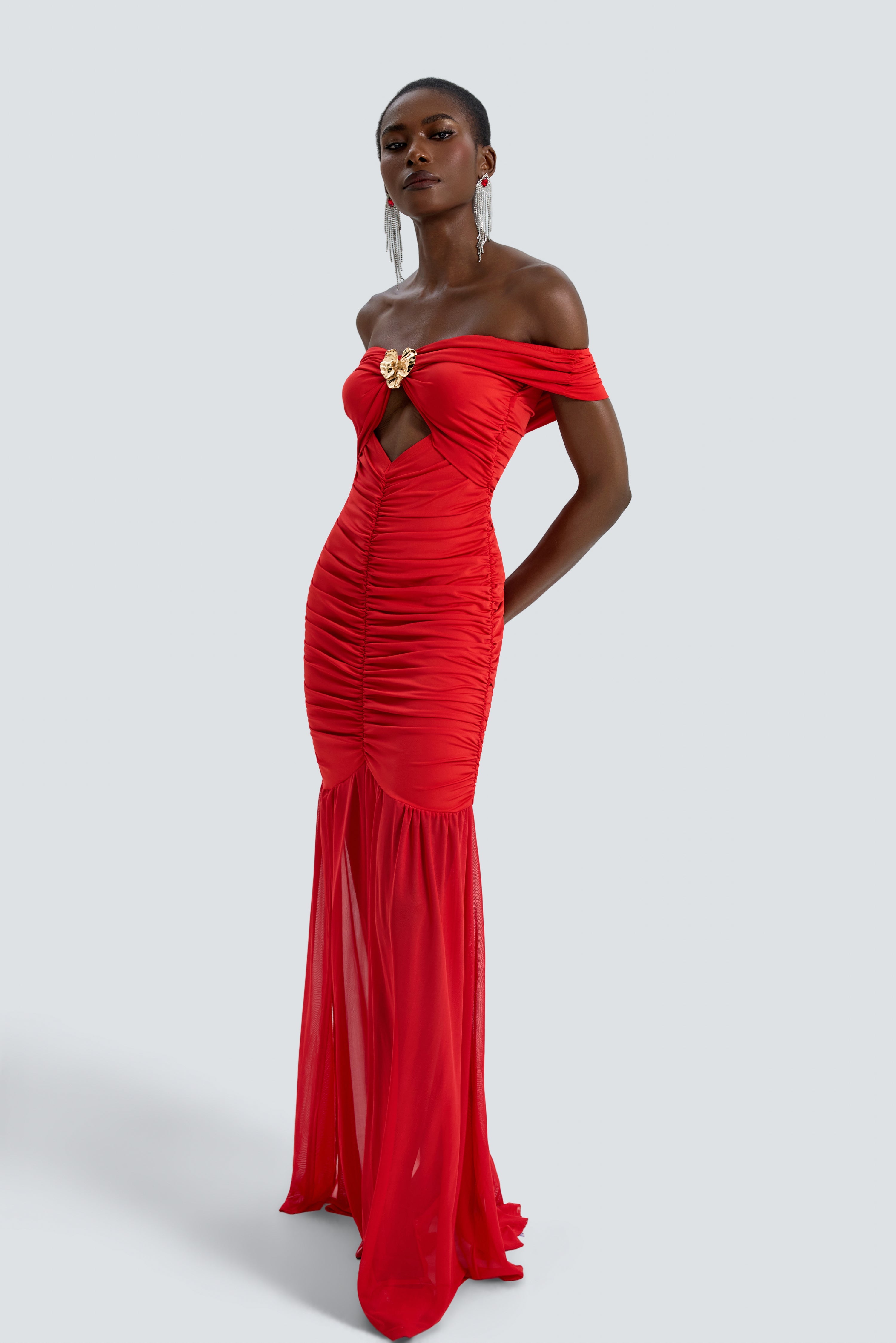 Xenia | Off-Shoulder Mesh Spliced Maxi Dress
