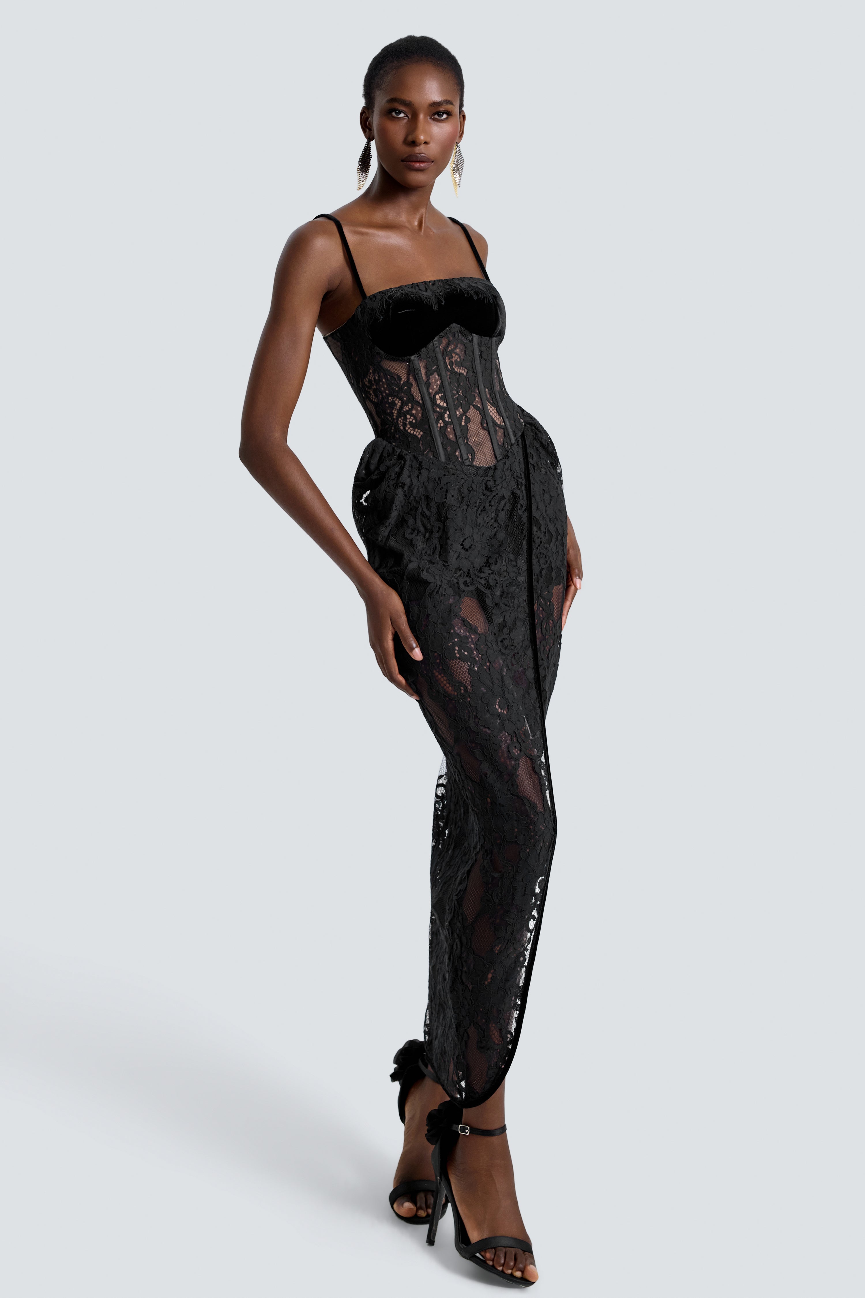 Giselle | Lace See-Through Side Slit Maxi Dress