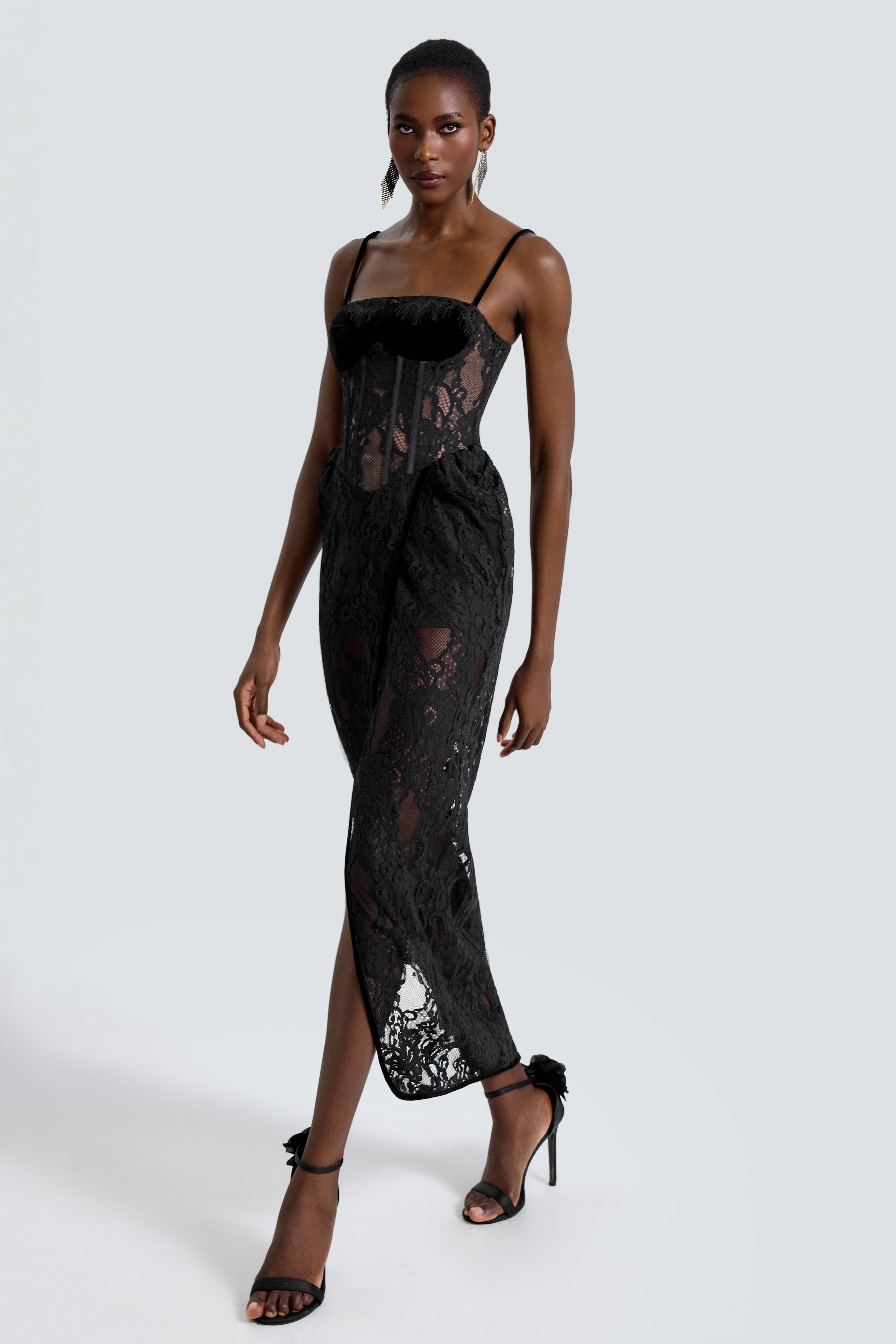 Giselle | Lace See-Through Side Slit Maxi Dress