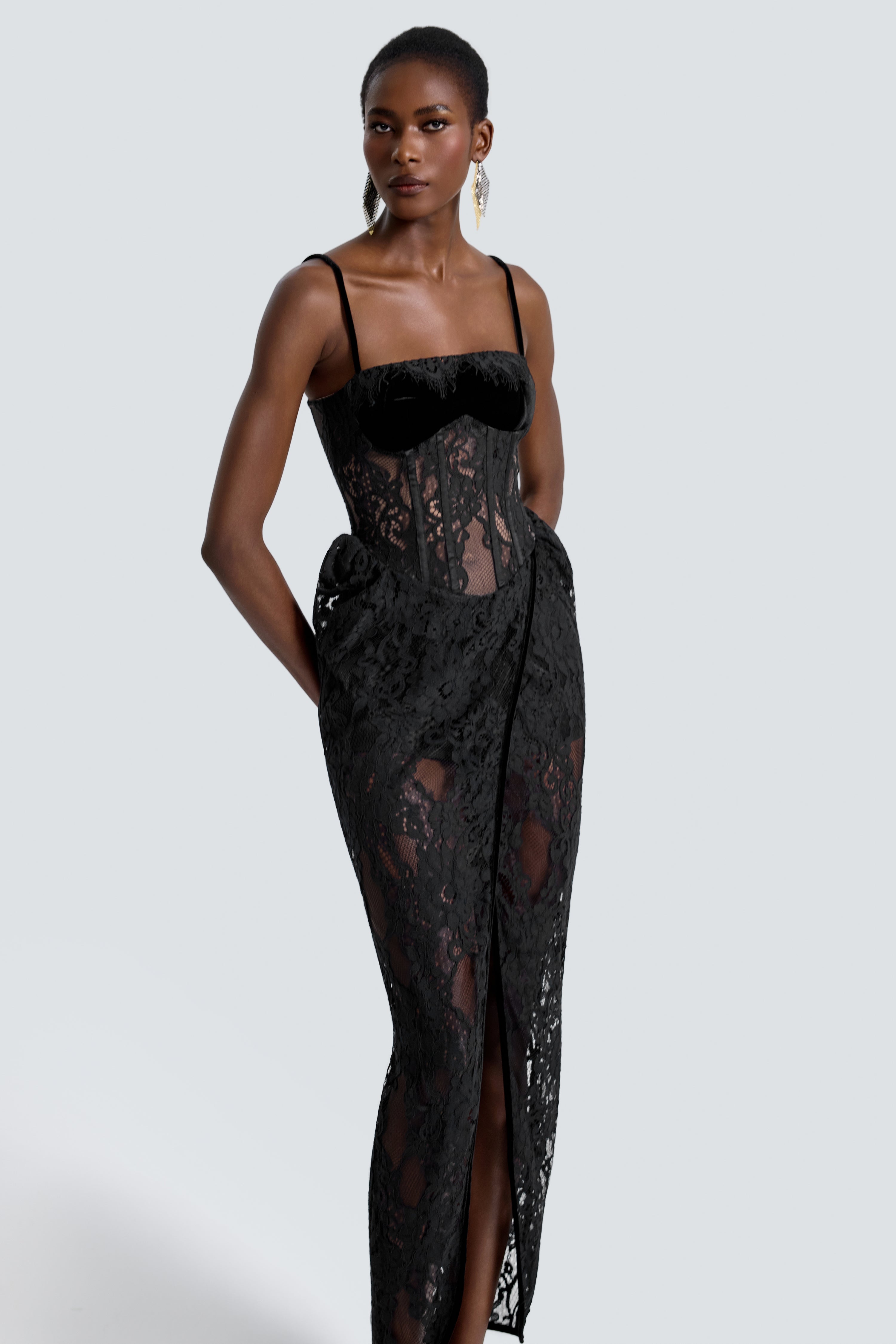 Giselle | Lace See-Through Side Slit Maxi Dress