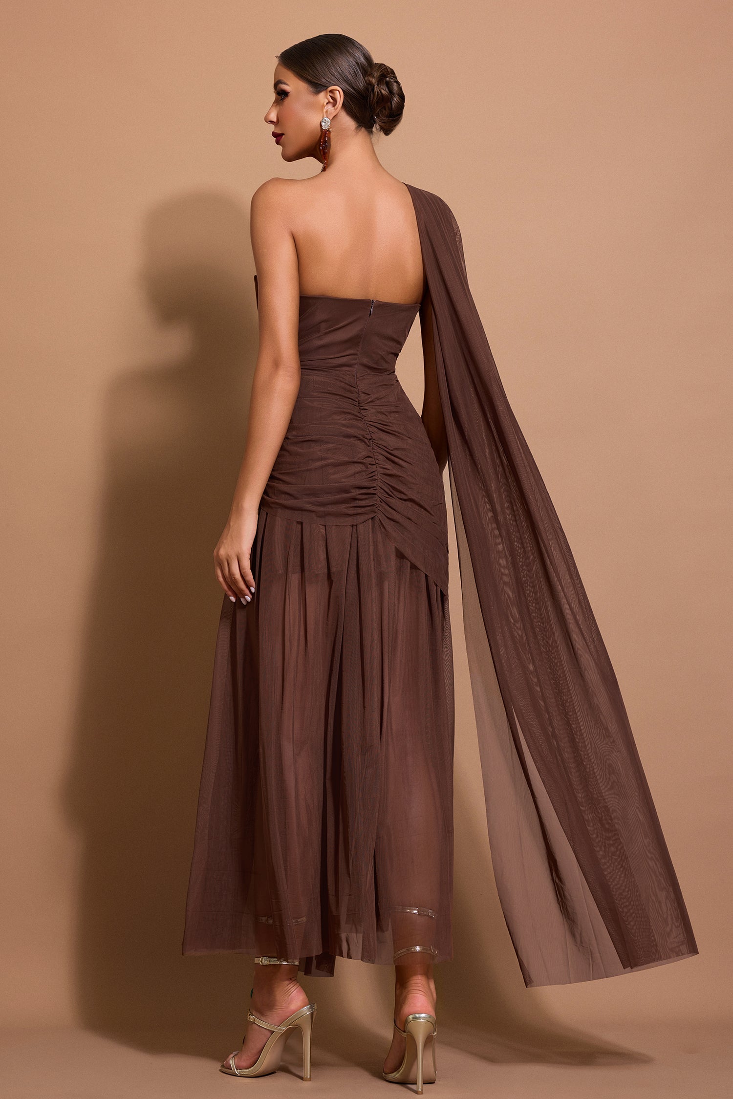 Marlowe | One-Shoulder Gathered Mesh Midi Dress