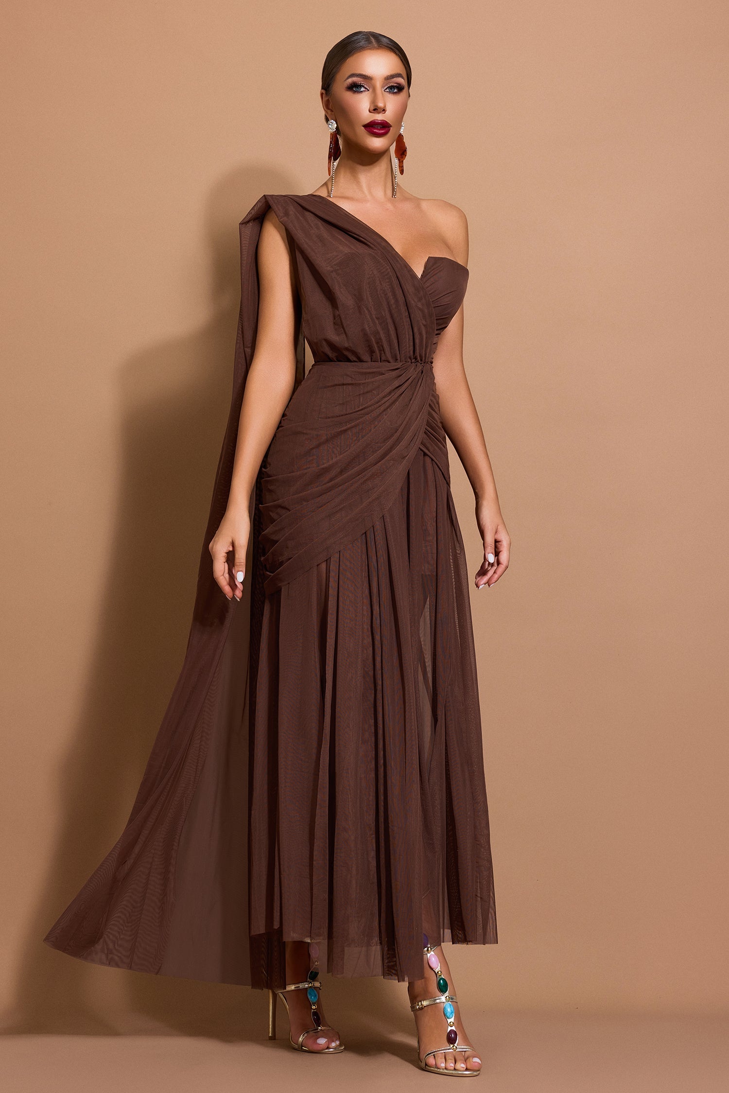 Marlowe | One-Shoulder Gathered Mesh Midi Dress