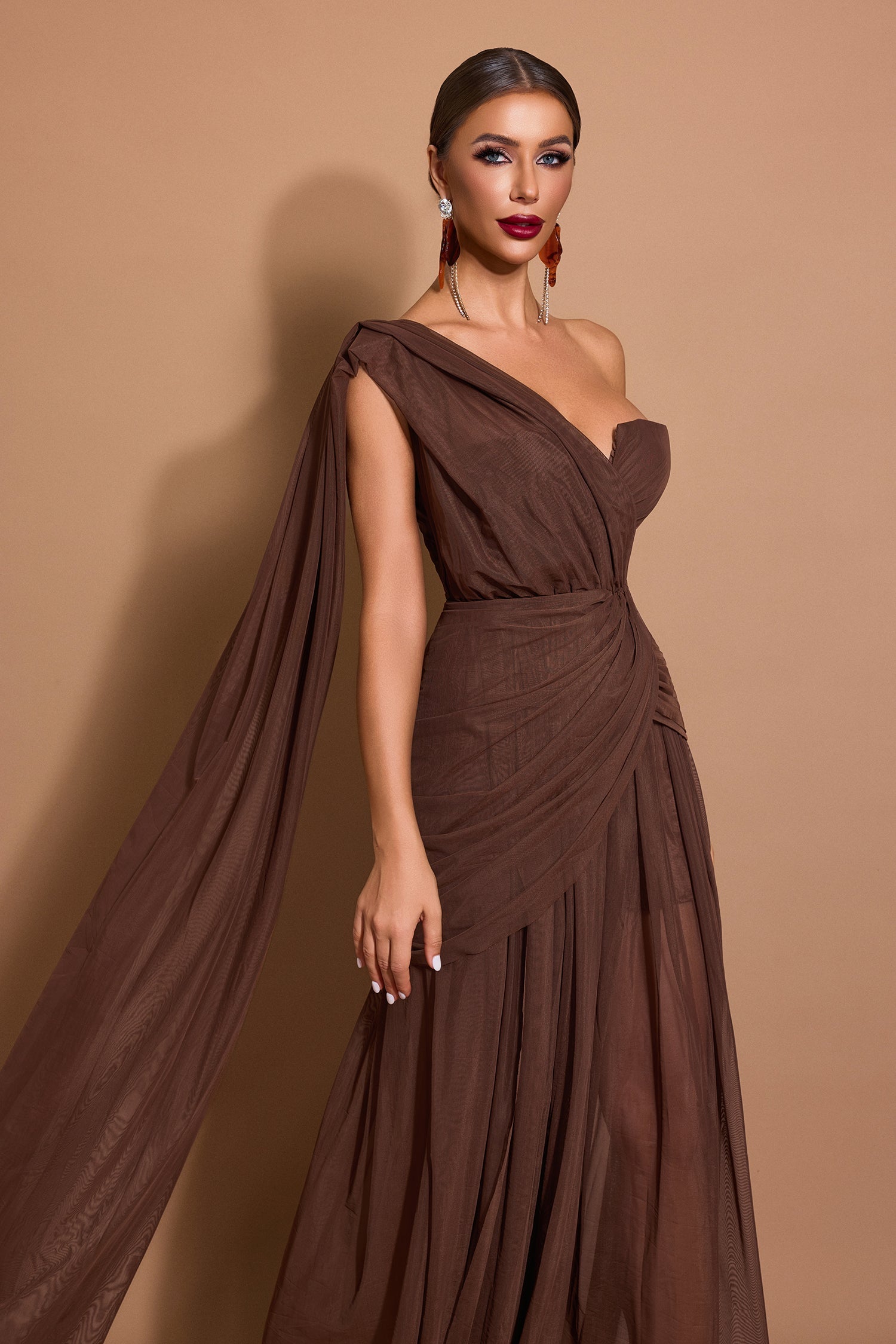Marlowe | One-Shoulder Gathered Mesh Midi Dress