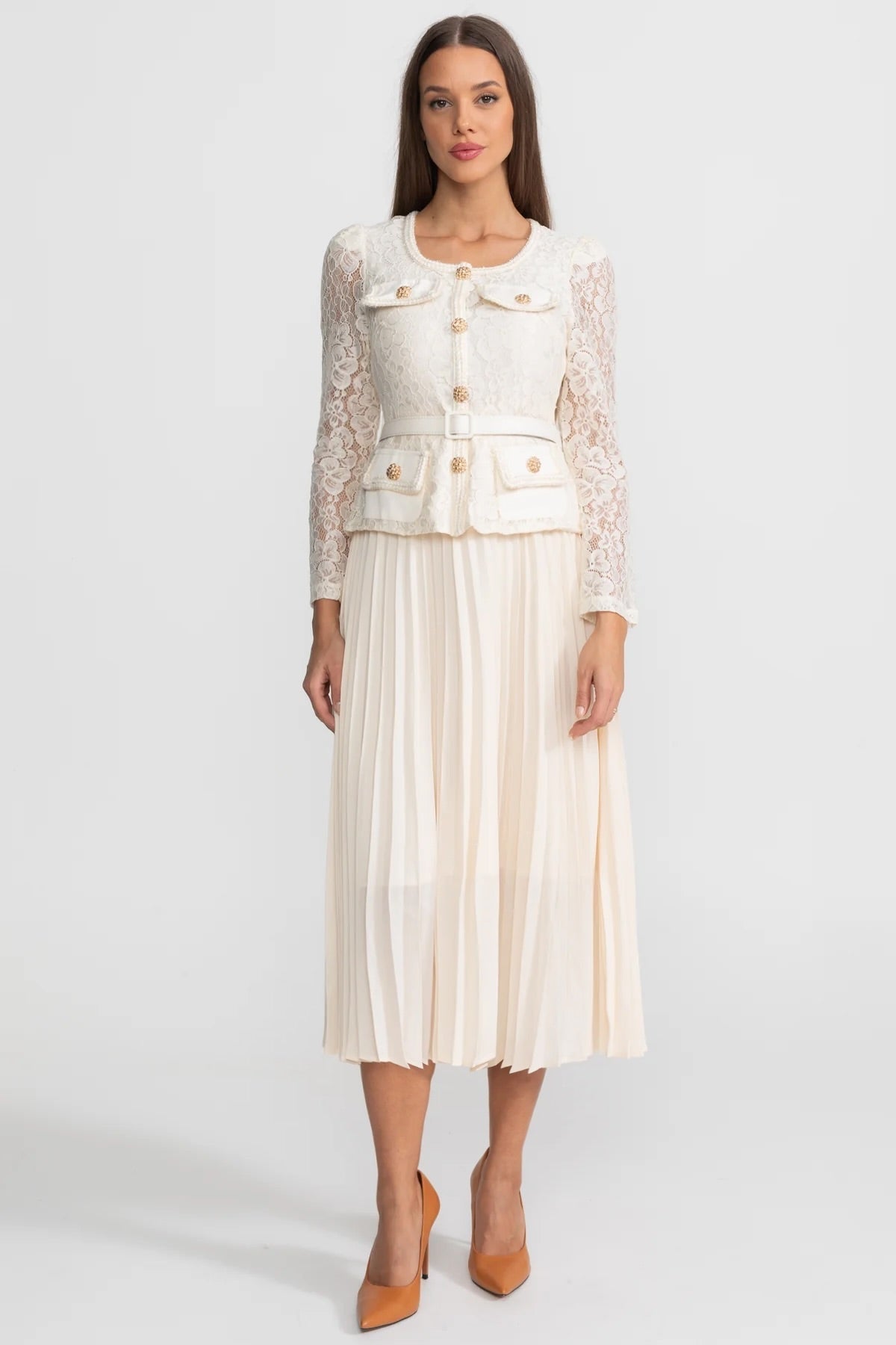 Priya | Lace & Pleated Gold Button Midi Dress