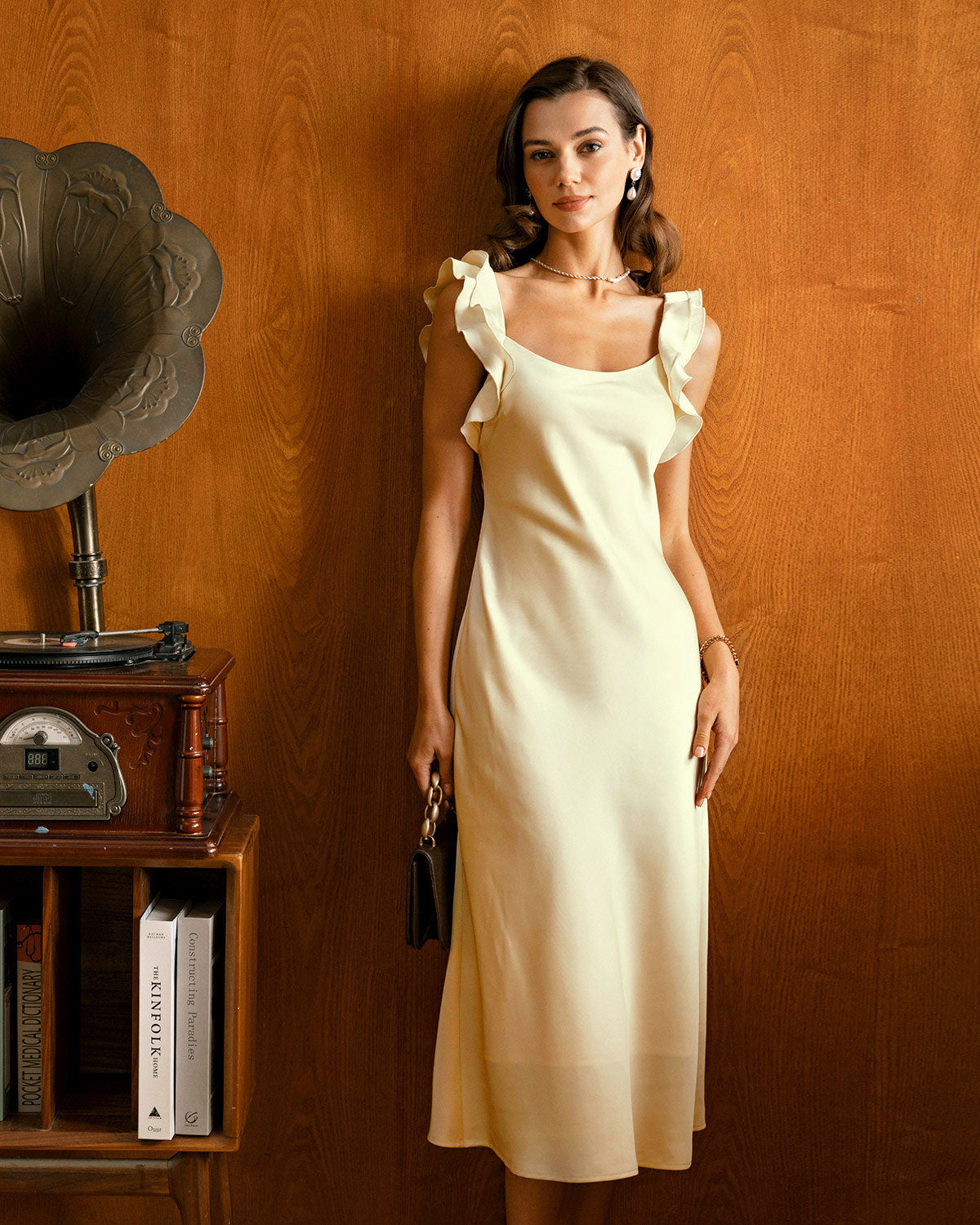 Nadia | Square Neck Ruffle Satin Midi Dress