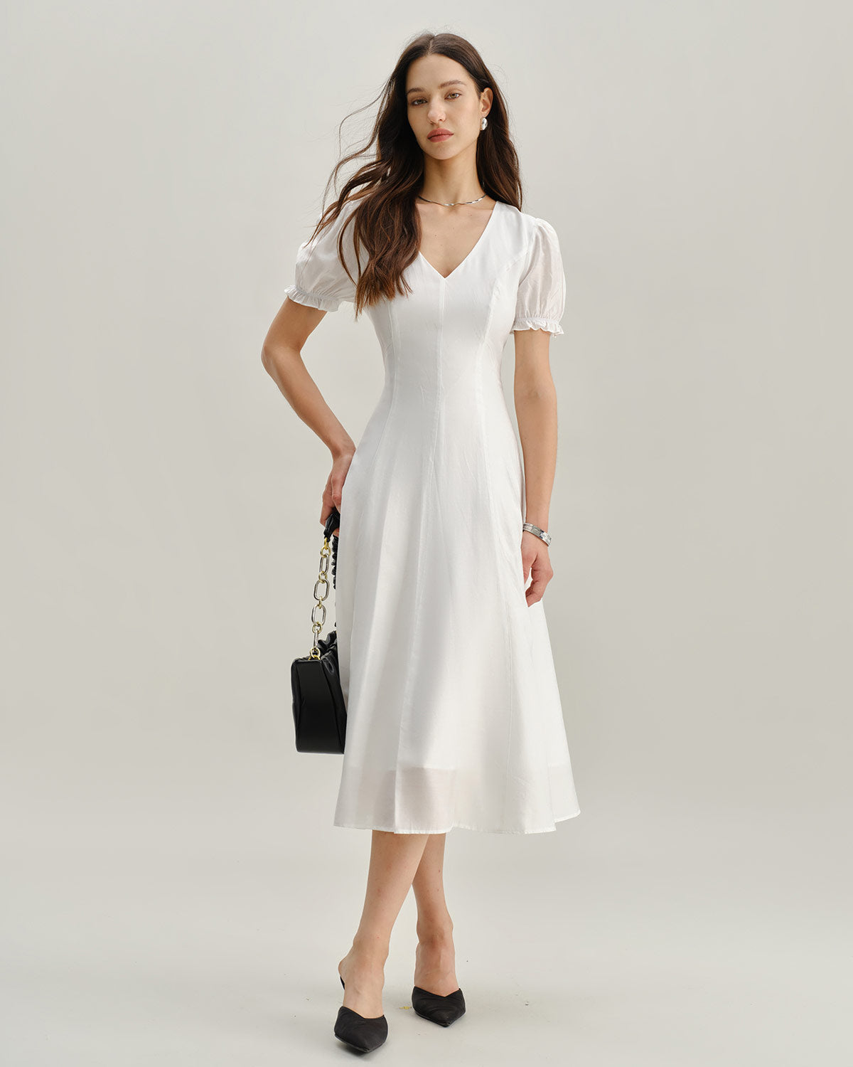 Zara | Puffed Sleeve V-Neck White Midi Dress