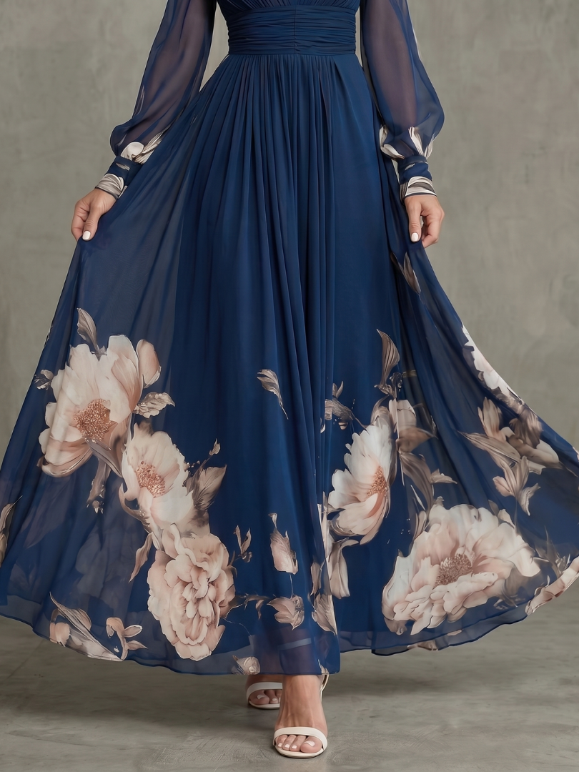 Sabine | Pleated Sheer Sleeve Navy Maxi Dress