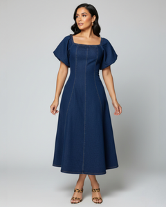 Harper | Denim Midi Dress with Square Neckline