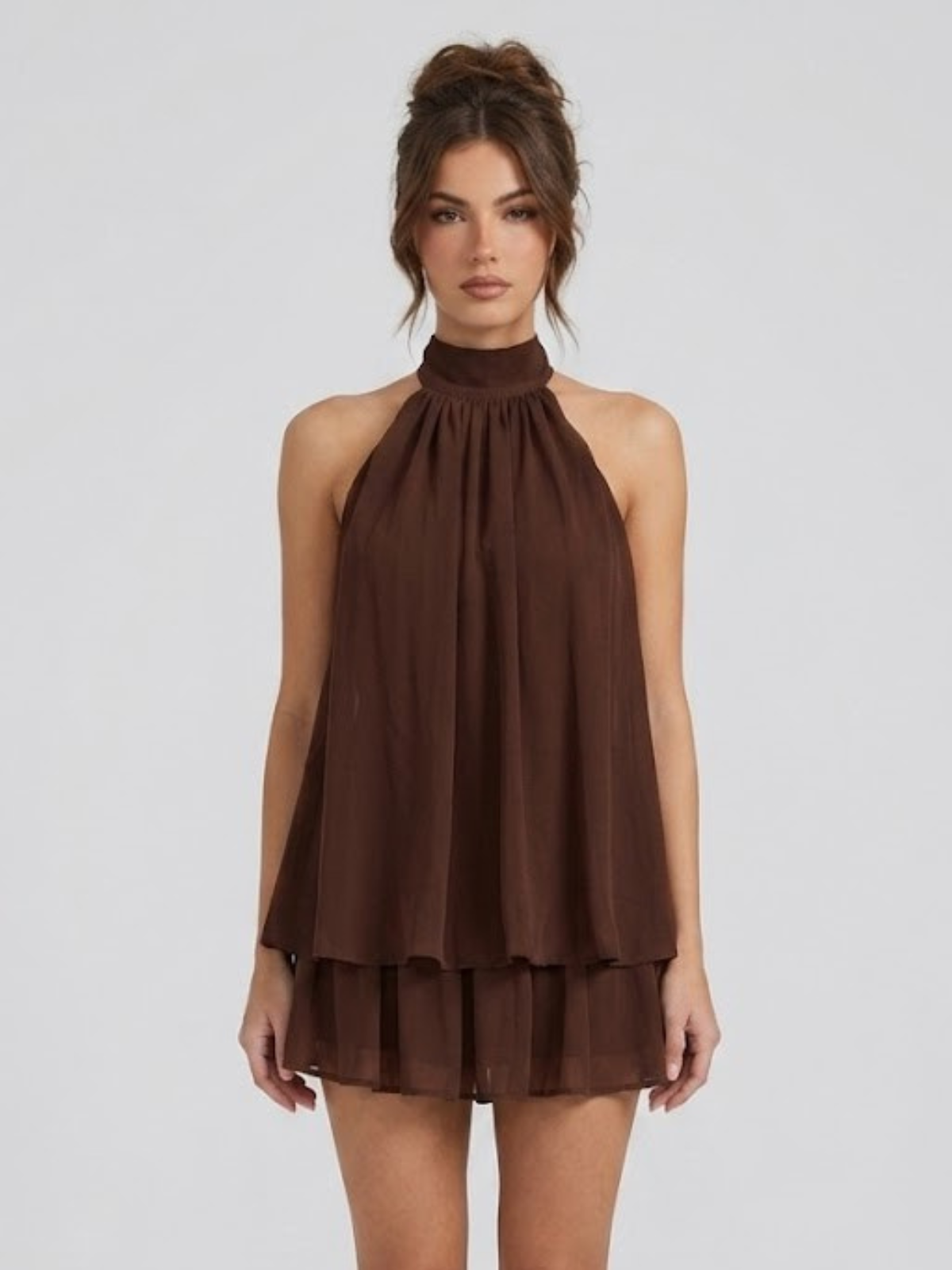 Willa | Tiered Ruffle Open Back Halter Mini Dress