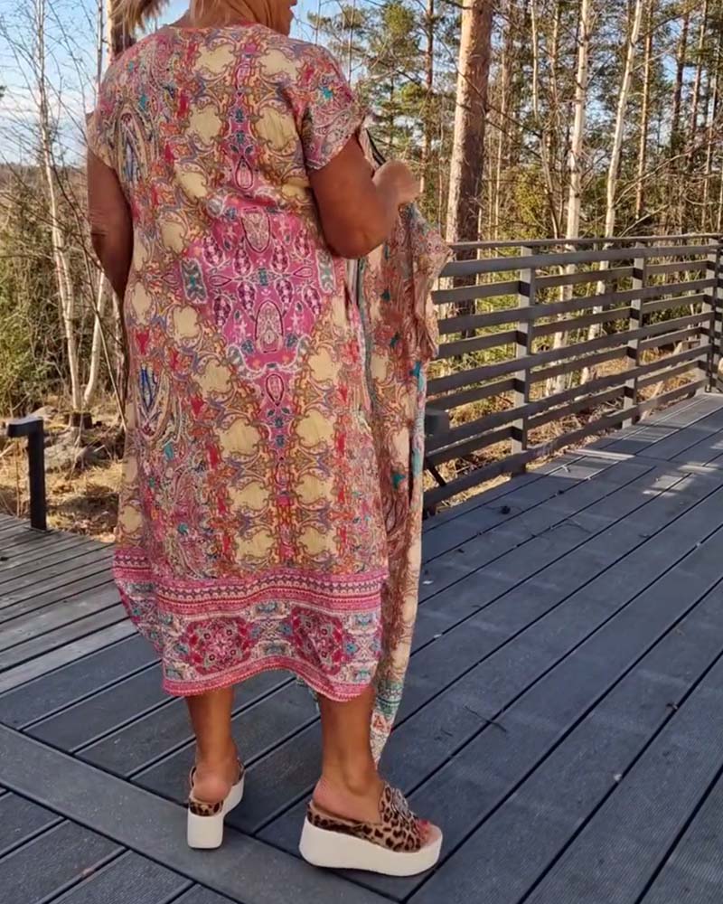 Maeve | Printed V-Neck Short Sleeve Midi Dress