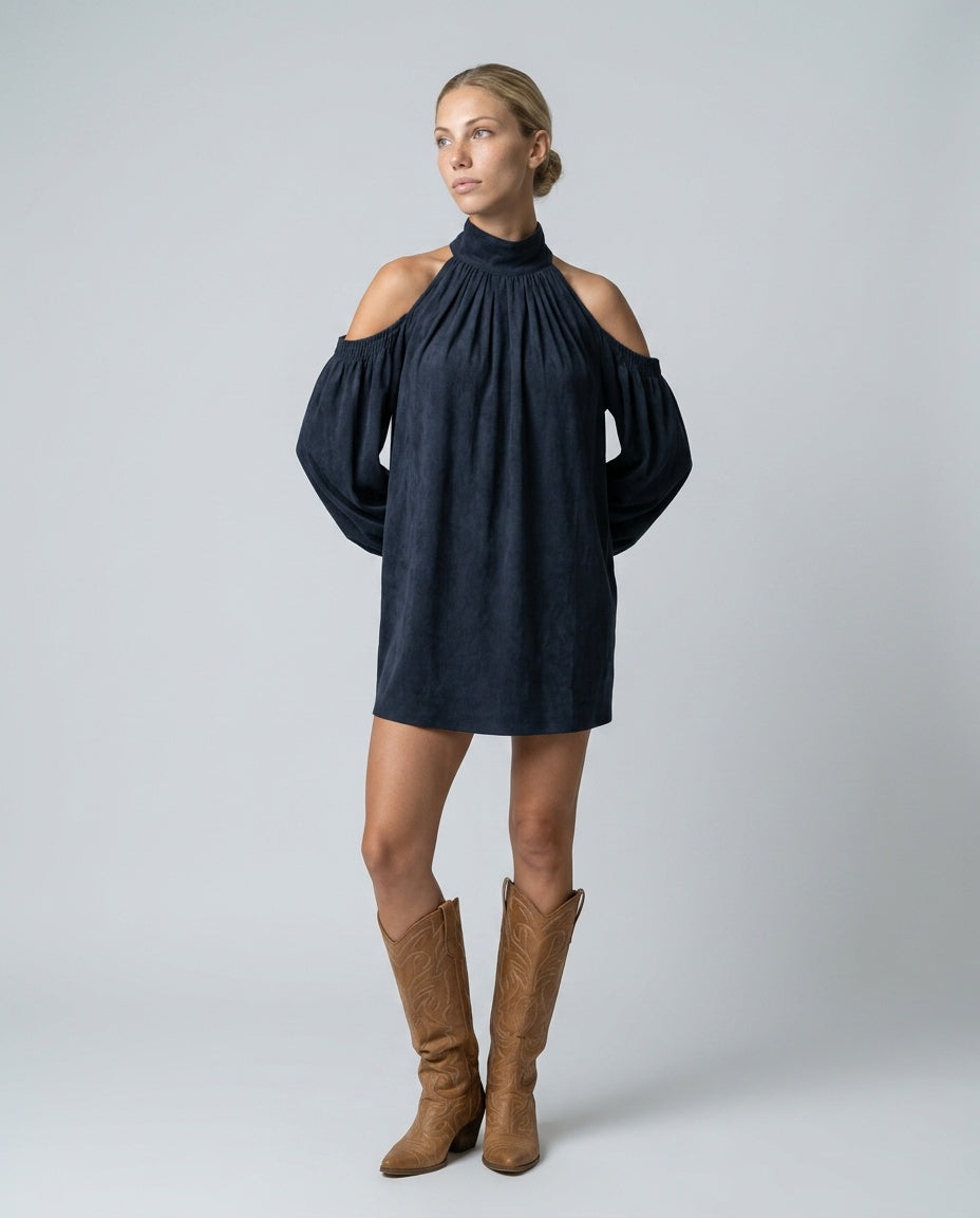 Sienna | Faux Suede Halter Mini with Lantern Sleeves