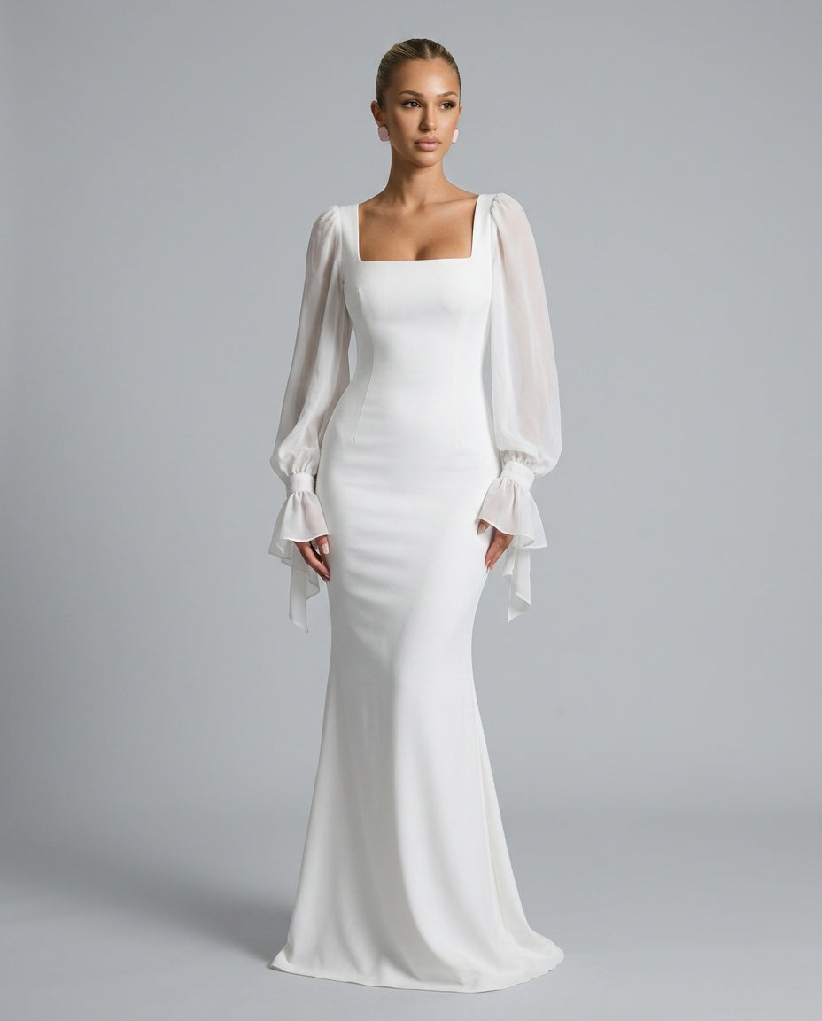 Vivienne | Maxi Chiffon Sleeve Dress in White