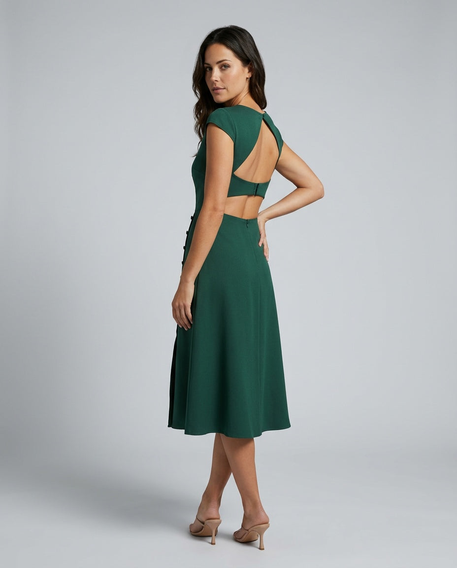 Delia | Boat Neck Cutout Back Midi Dress
