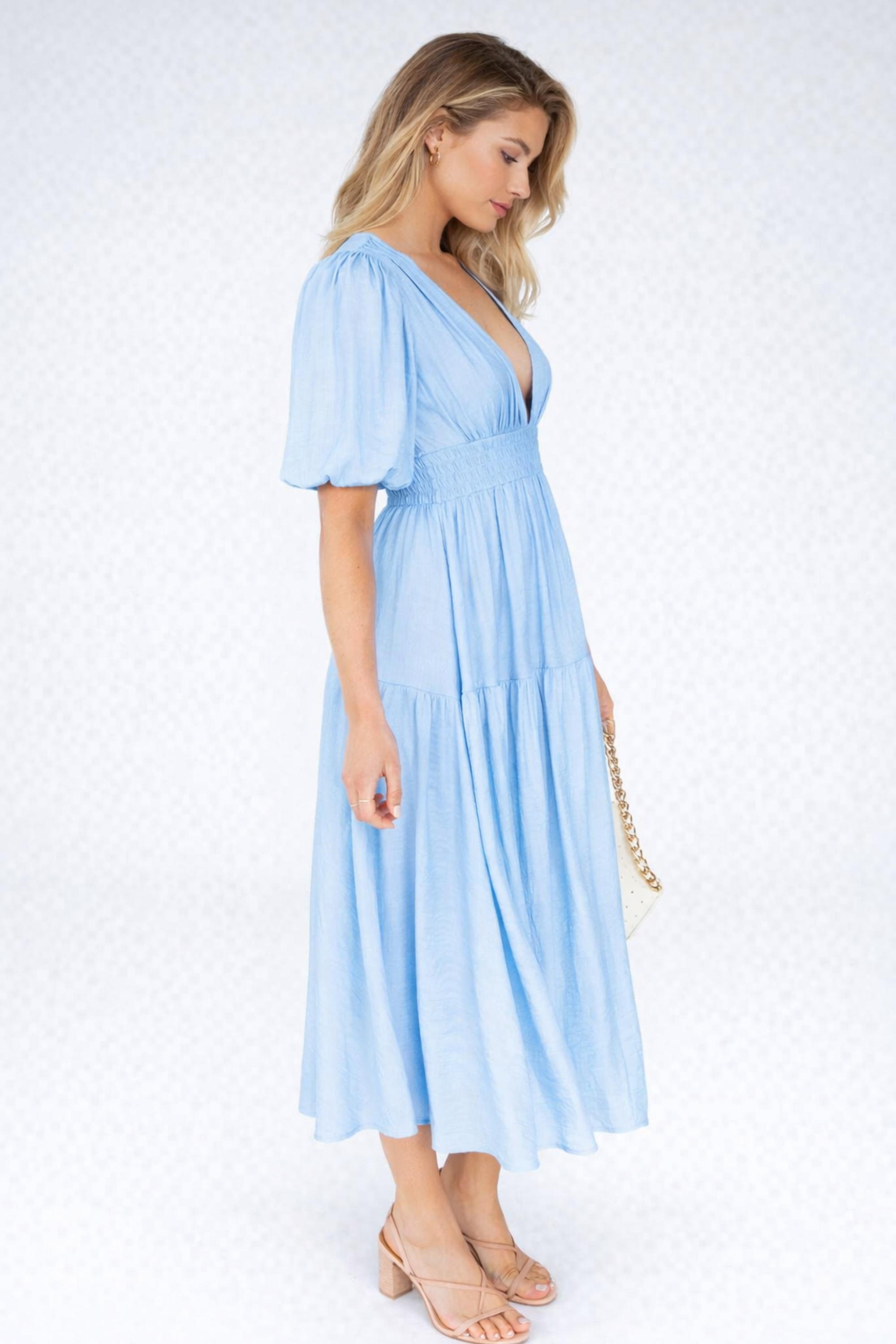 Indie | Midi Dress with V-Neck and Puff Sleeves