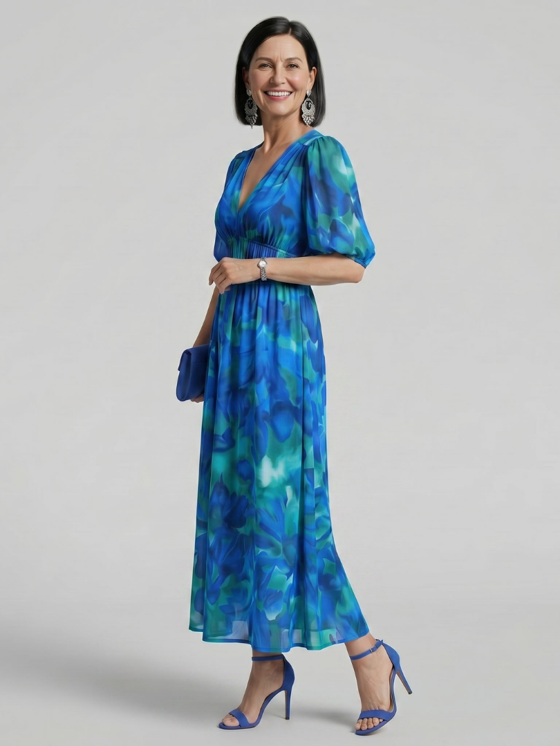Coralie | Puff Sleeve V-Neck Abstract Print Midi Dress