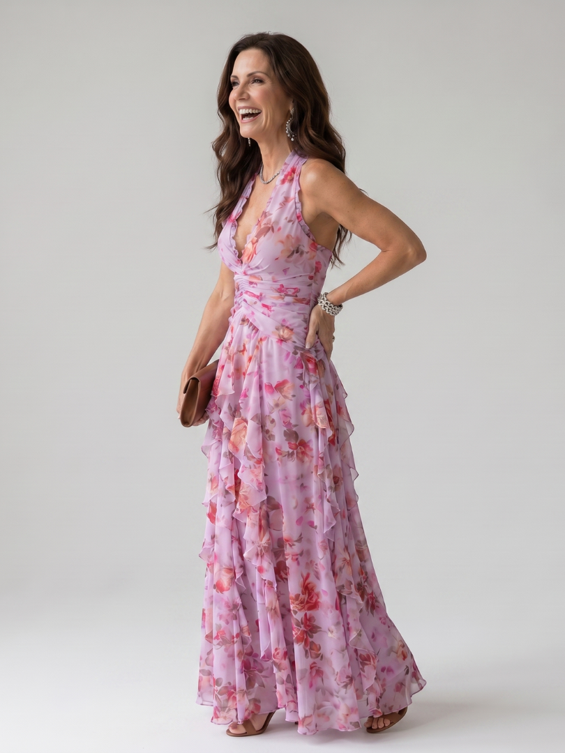 Nori | Halter Neck Ruched Floral Maxi Dress