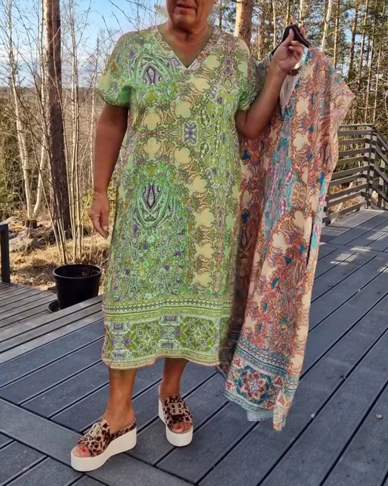 Maeve | Printed V-Neck Short Sleeve Midi Dress