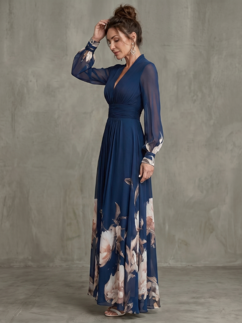 Sabine | Pleated Sheer Sleeve Navy Maxi Dress