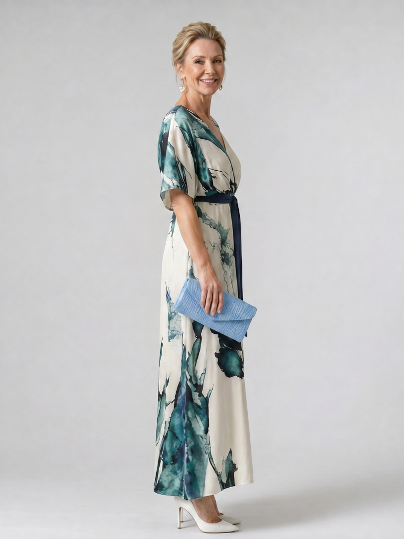 Selene | Abstract Print Belted Flutter Sleeve Maxi Dress